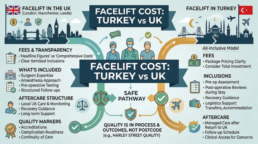 Mini Facelift cost Turkey vs UK infographic comparing fees, inclusions, aftercare structure, and quality markers for UK patients.