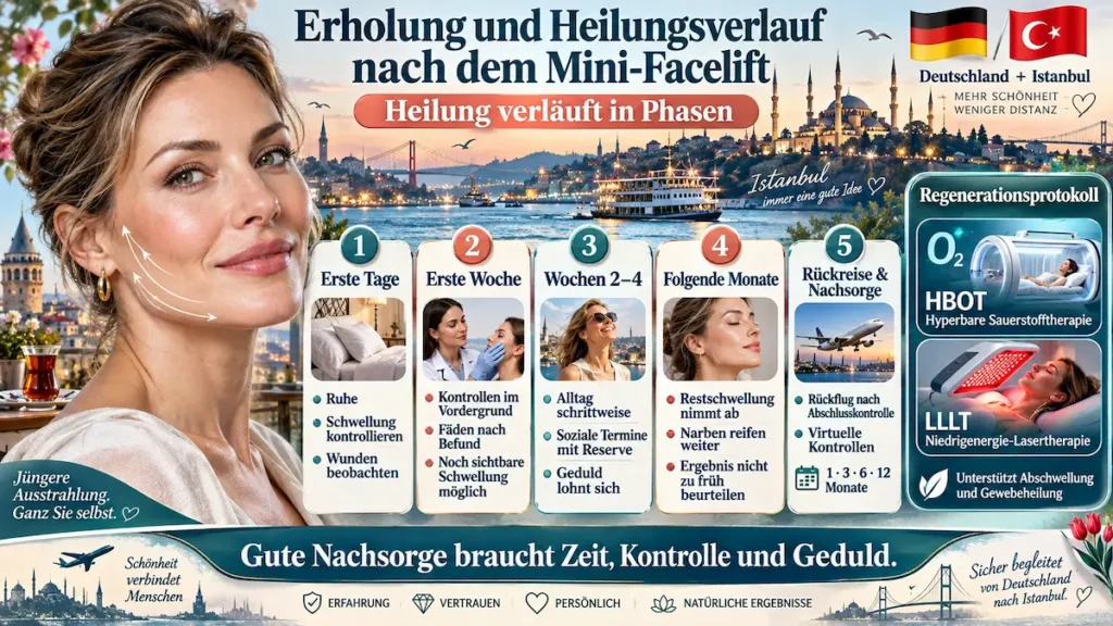 Mini-Facelift Heilungsverlauf: Infografik zu Schwellung, Kontrollen, Rückreise, Nachsorge sowie HBOT und LLLT während der Erholung.