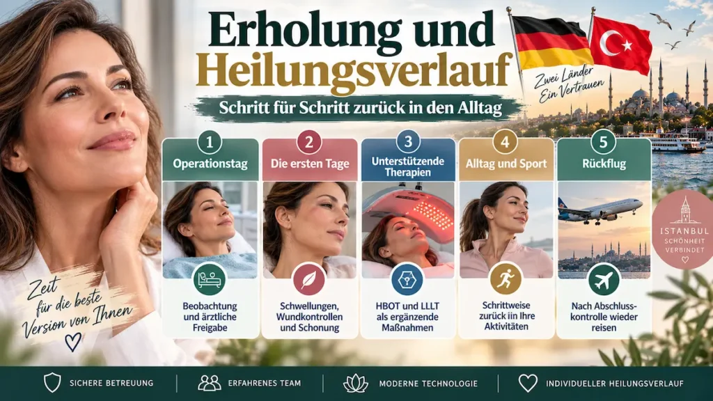 Mini-Facelift ohne Vollnarkose: Heilungsverlauf mit Beobachtung, Schwellung, HBOT und LLLT, Alltag und Rückflug.