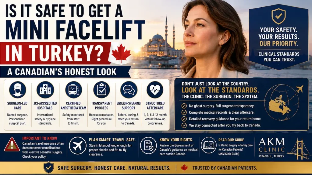 Mini facelift in Turkey safety infographic for Canadian patients showing surgeon-led care and structured aftercare.