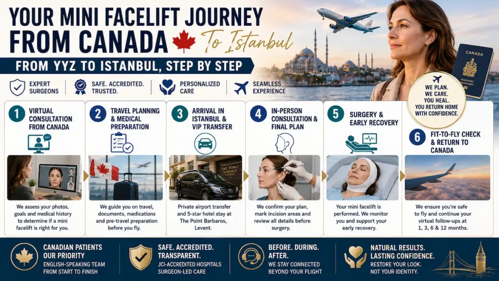 Mini facelift journey from Canada to Istanbul infographic showing consultation, travel planning, VIP transfer, surgery, and fit-to-fly check.