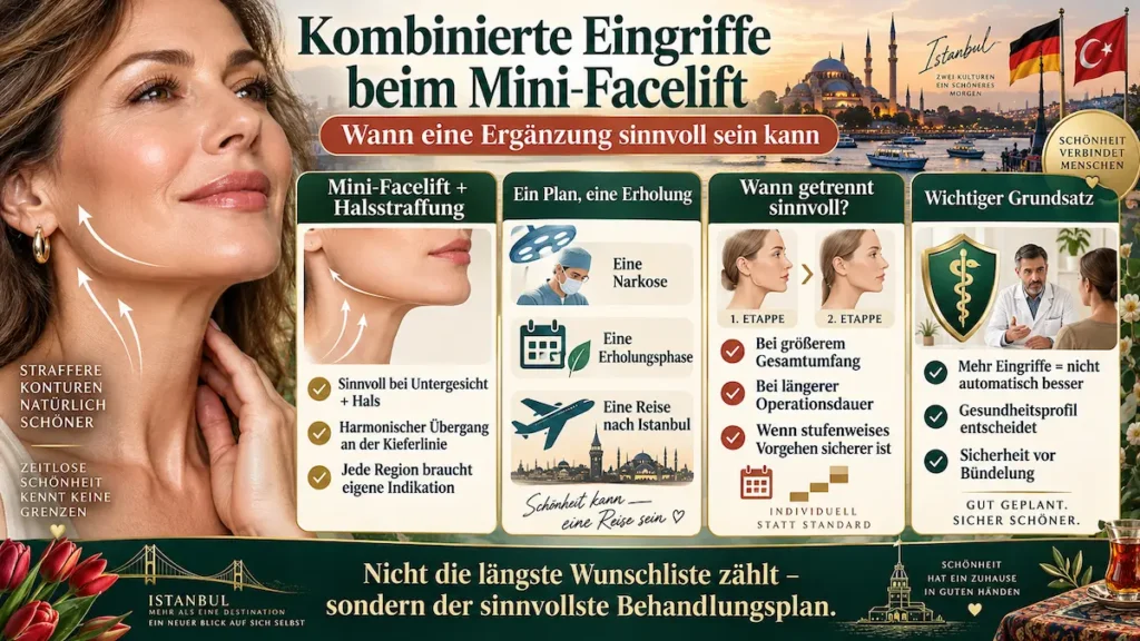Mini-Facelift mit Halsstraffung: Infografik zu sinnvollen Kombinationen, gemeinsamer Erholungsphase und Gründen für getrennte Eingriffe.