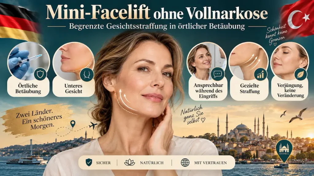 Mini-Facelift ohne Vollnarkose mit örtlicher Betäubung zur gezielten Straffung des unteren Gesichts in Istanbul.