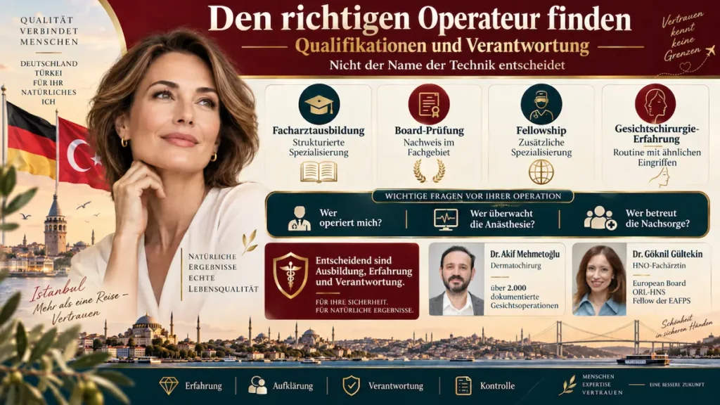 Mini-Facelift ohne Vollnarkose: Qualifikationen des Operateurs mit Facharztausbildung, Board-Prüfung und Gesichtschirurgie-Erfahrung.