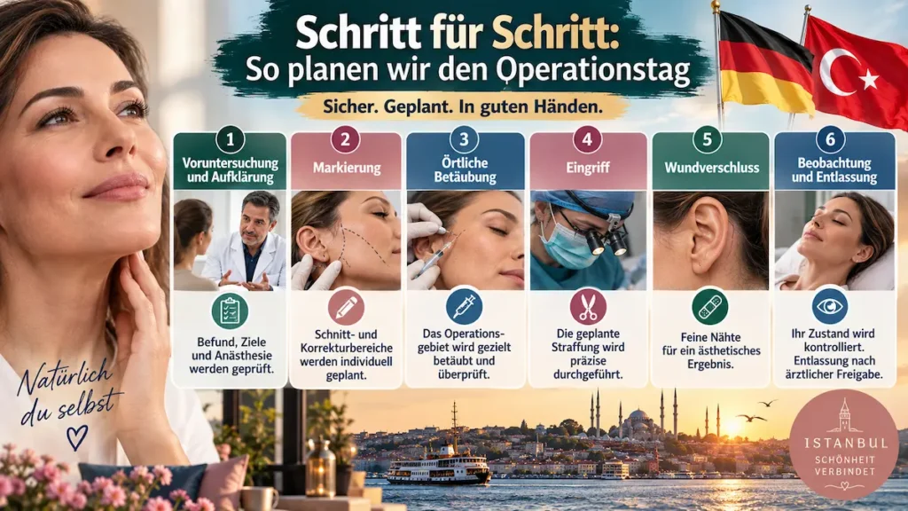 Mini-Facelift ohne Vollnarkose: Ablauf von Voruntersuchung und Markierung bis Wundverschluss, Beobachtung und Entlassung.