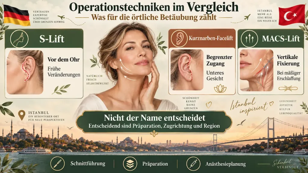 Mini-Facelift ohne Vollnarkose: Vergleich von S-Lift, Kurznarben-Facelift und MACS-Lift bei örtlicher Betäubung.
