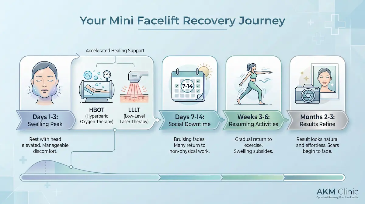 Mini facelift recovery timeline infographic showing swelling peak days 1–3, social downtime days 7–14, activities weeks 3–6, results months 2–3, plus HBOT and LLLT.