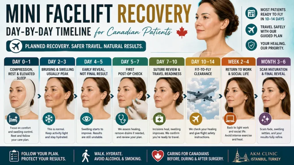 Mini facelift recovery timeline infographic showing day-by-day healing, swelling, fit-to-fly clearance, and aftercare.