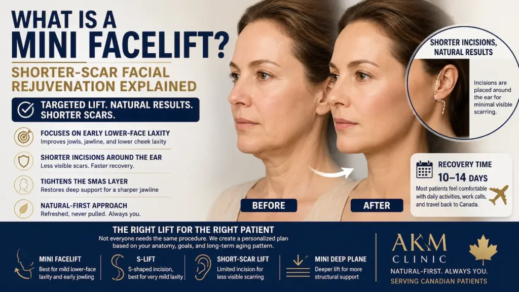 Mini facelift infographic showing shorter incisions, SMAS tightening, jawline improvement, and 10-14 day recovery.