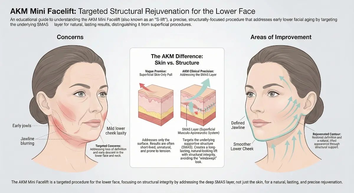 Mini facelift infographic showing skin-only pull versus SMAS structural support, with arrows indicating improved jawline and lower-face contour.