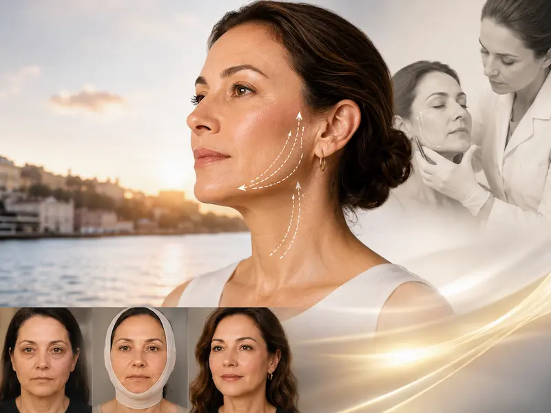 Mini facelift surgery image showing natural jawline rejuvenation, facial contour markings, and recovery results.