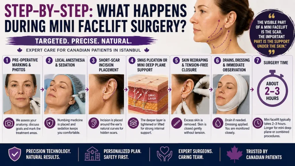 Mini facelift surgery step-by-step infographic showing marking, local anesthesia, SMAS support, closure, and recovery.