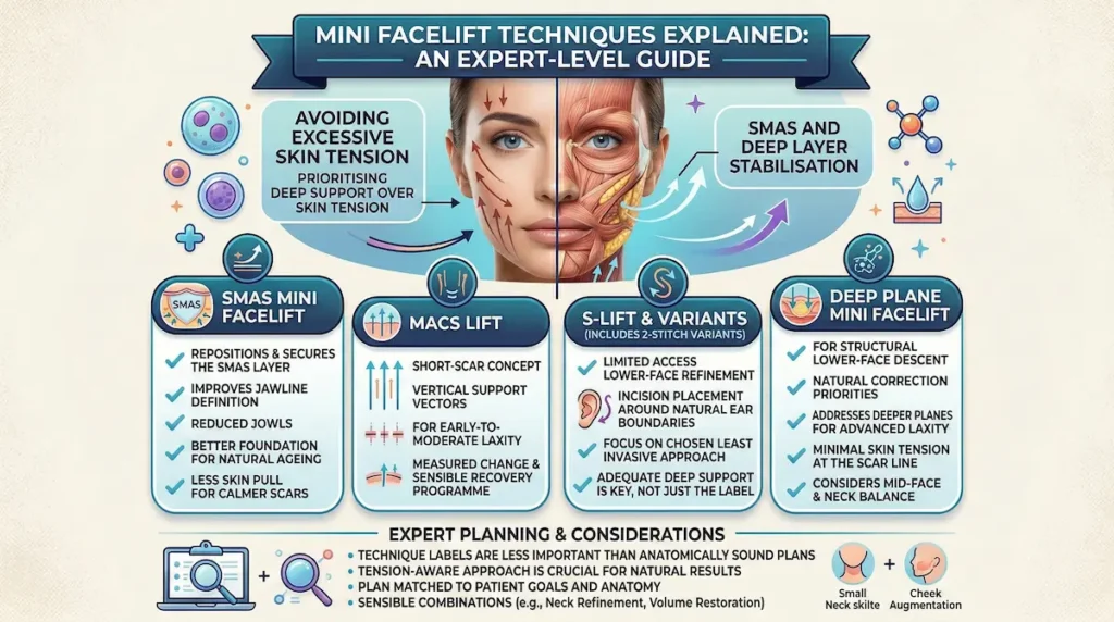 Mini Facelift techniques infographic comparing SMAS, MACS lift, S-lift variants and deep plane stabilisation.