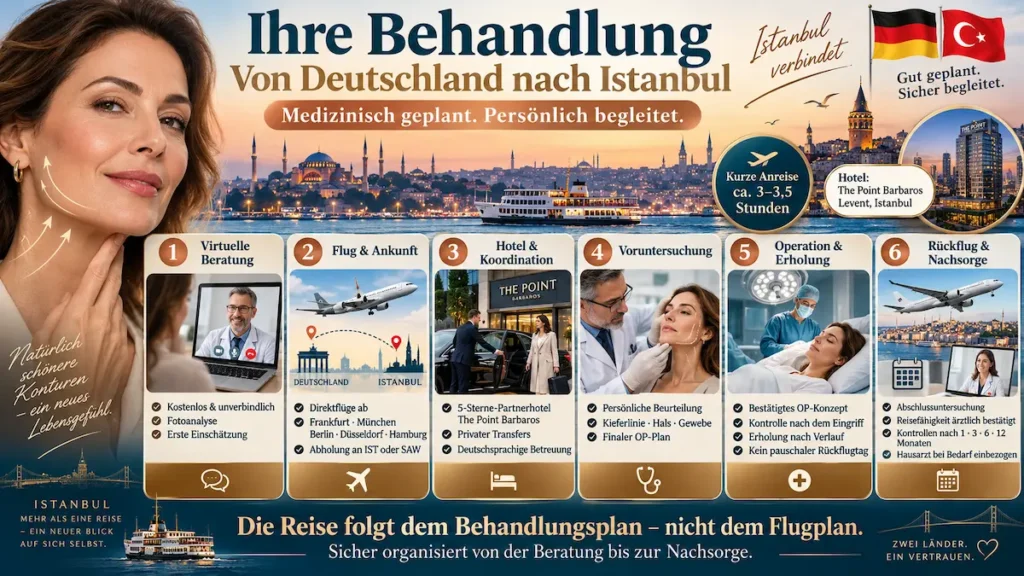 Mini-Facelift Türkei: Ablauf von der virtuellen Beratung in Deutschland über Flug und OP in Istanbul bis zur Nachsorge.