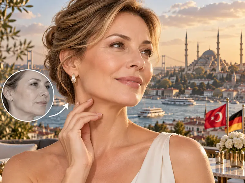 Mini-Facelift in der Türkei mit sichtbarer Straffung von Kieferlinie und unterer Gesichtspartie vor Istanbul-Kulisse.