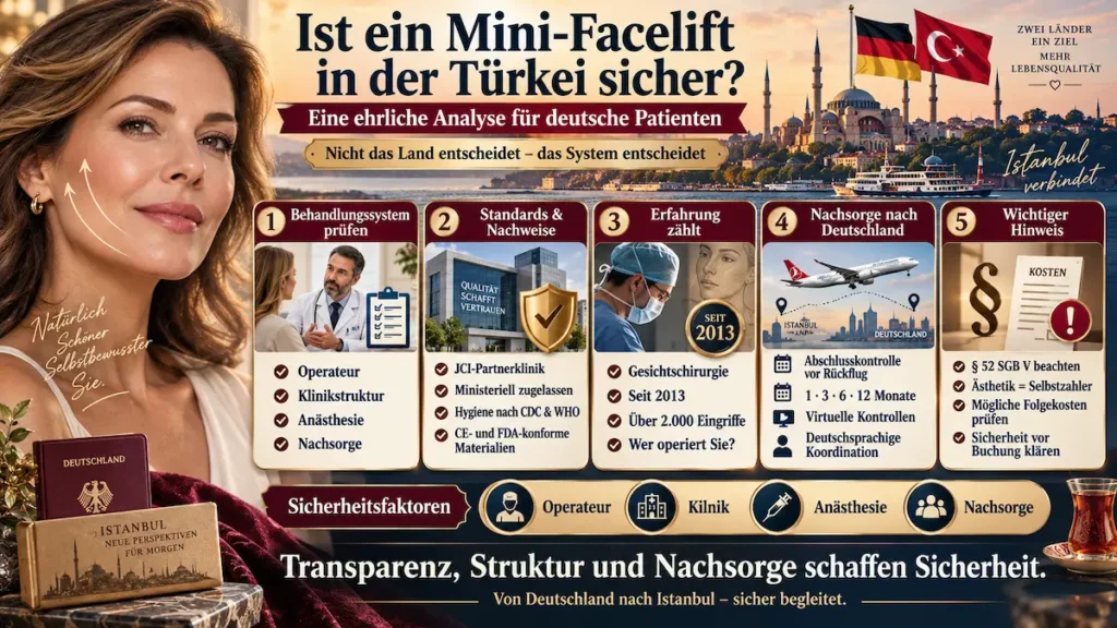 Mini-Facelift Türkei Sicherheit: Infografik zu Operateur, Klinikstandards, Anästhesie, Nachsorge in Deutschland und § 52 SGB V.
