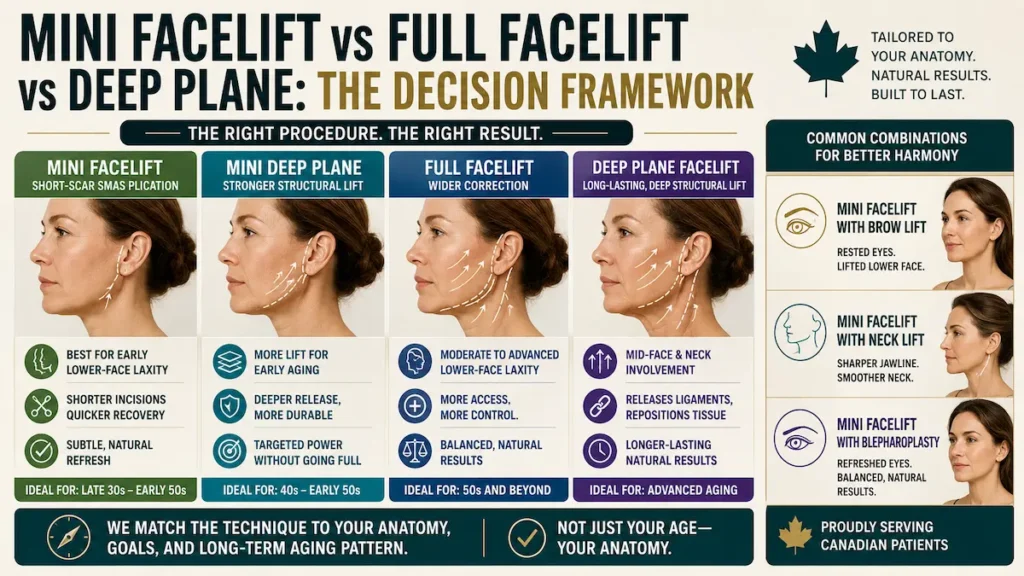 Mini facelift vs full facelift infographic comparing short-scar lift, mini deep plane, full facelift, and deep plane facelift.
