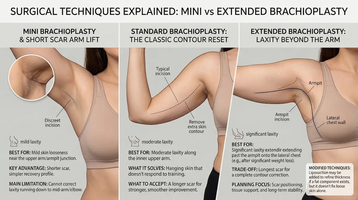 Three-panel diagram comparing mini brachioplasty (short scar arm lift), standard brachioplasty incision, and extended brachioplasty for significant laxity beyond the arm.