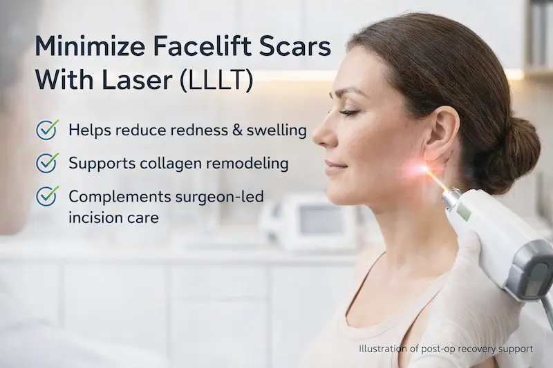 Minimize facelift scars with laser: patient receiving LLLT near ear incision to support post-facelift recovery.