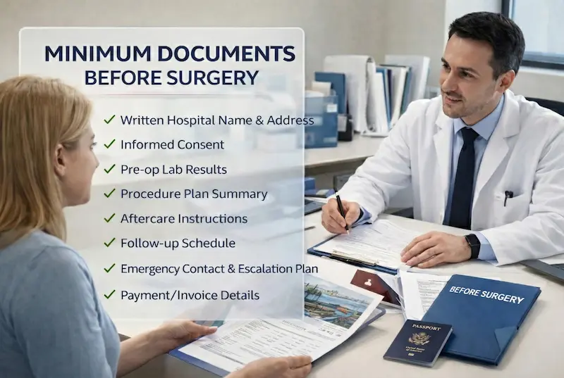 Minimum Documents You Should Receive (Before Surgery) checklist shown in a real consultation with doctor, patient, and paperwork