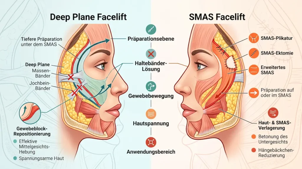 SMAS oder Deep Plane Facelift im direkten Vergleich von Präparationsebene, Haltebändern, Gewebebewegung und Hautspannung.