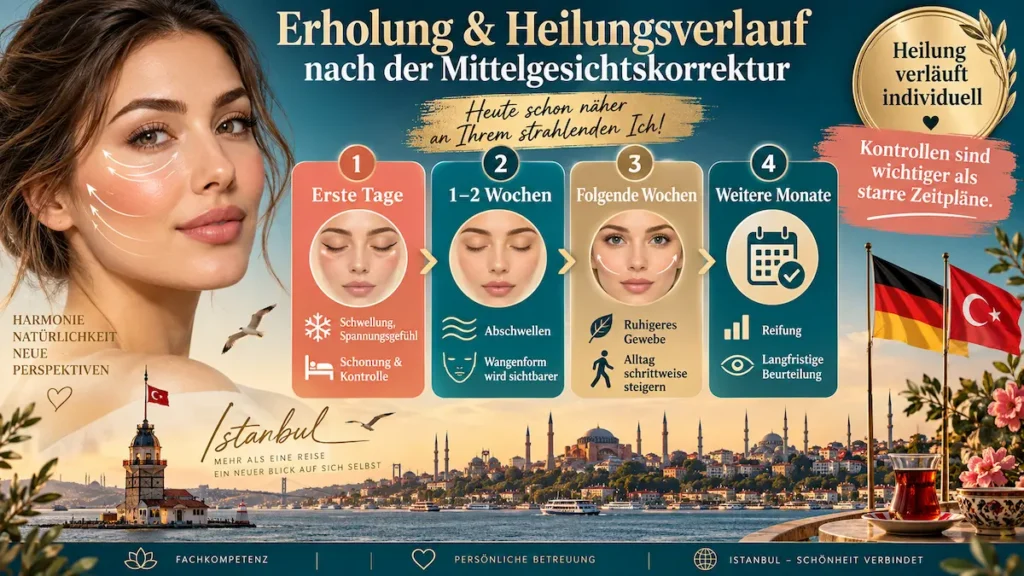Mittelgesichtslifting Heilungsverlauf mit Schwellung in den ersten Tagen, Abschwellen und langfristiger Gewebereifung
