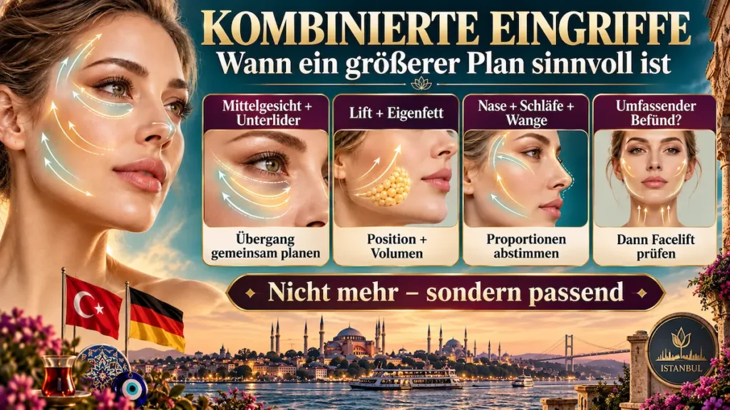 Mittelgesichtslifting mit Unterlidstraffung, Eigenfett und weiteren kombinierten Eingriffen im Gesicht