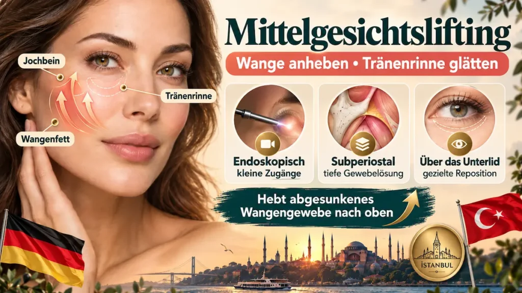 Mittelgesichtslifting mit Anhebung der Wange, Glättung der Tränenrinne und drei operativen Zugangswegen