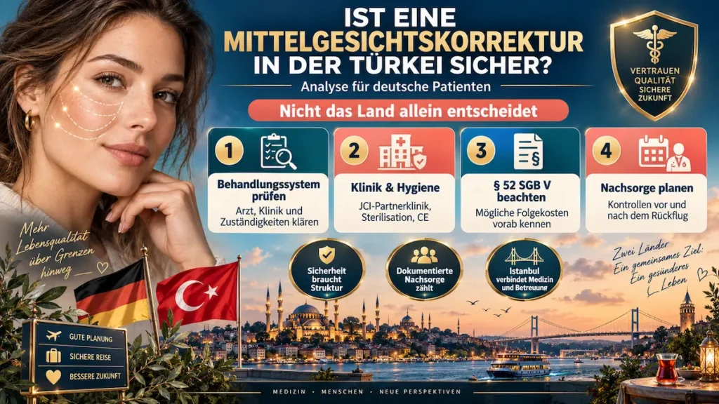 Mittelgesichtslifting in der Türkei mit Sicherheitsfaktoren zu Klinik, Hygiene, § 52 SGB V und Nachsorge