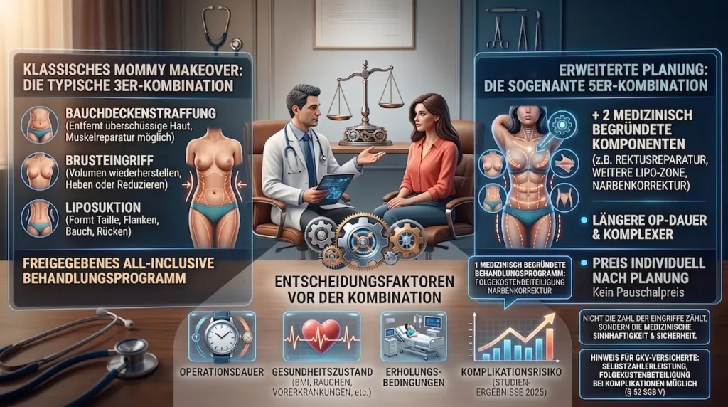 Infografik zu Mommy Makeover Leistungen mit 3er- und 5er-Kombination sowie medizinischen Kriterien für eine sichere Planung.
