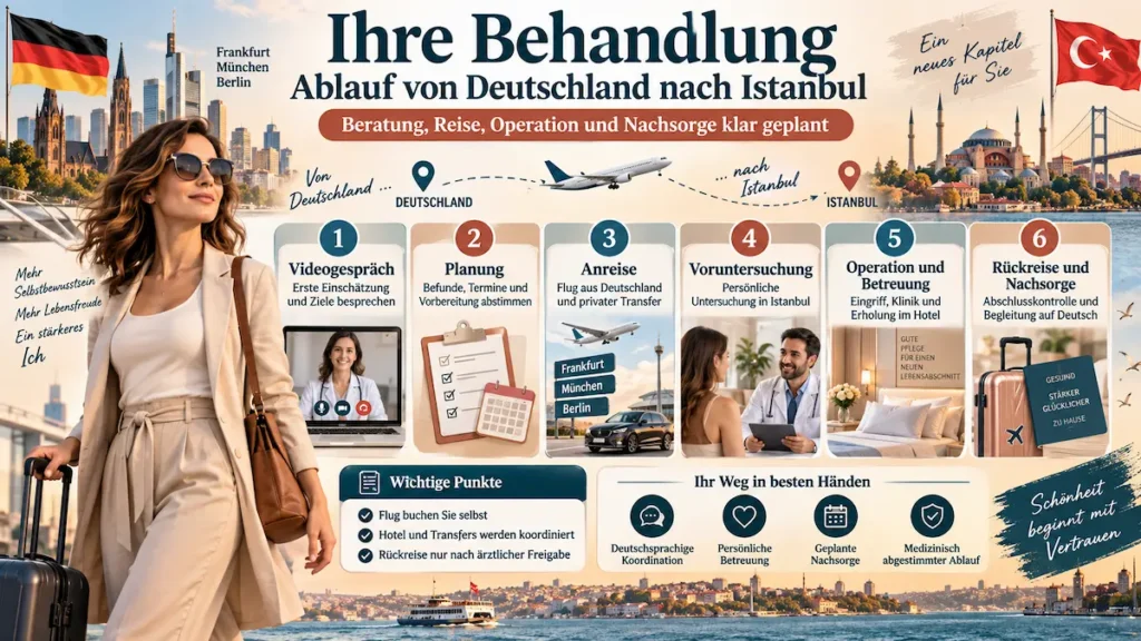 Mommy Makeover Türkei: Infografik zum Behandlungsablauf von Deutschland nach Istanbul mit Beratung, Reise, Operation und Nachsorge.
