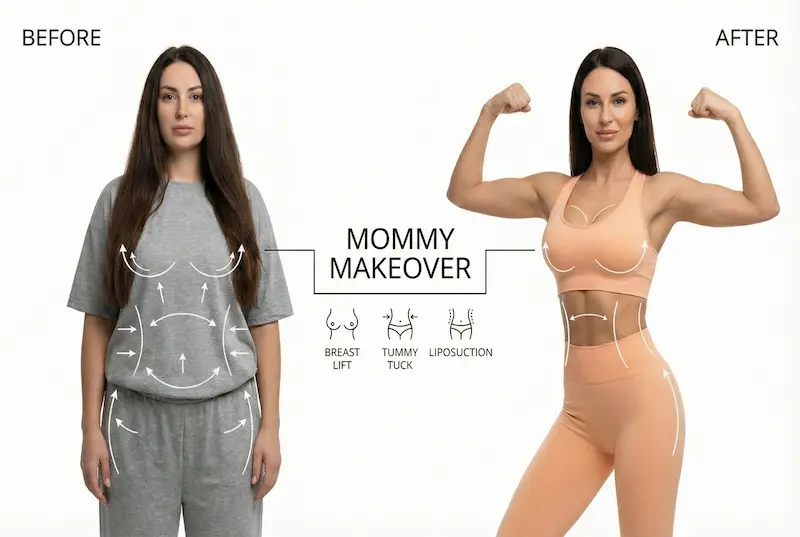 Mommy makeover before and after comparison of a woman showing breast lift, tummy tuck and liposuction results in fitted sportswear
