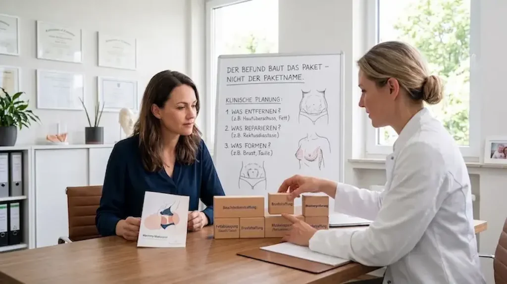 Beratung zu Mommy Makeover Leistungen mit Baukasten für Bauchdeckenstraffung, Brustoperation und Rektusdiastase-Reparatur.