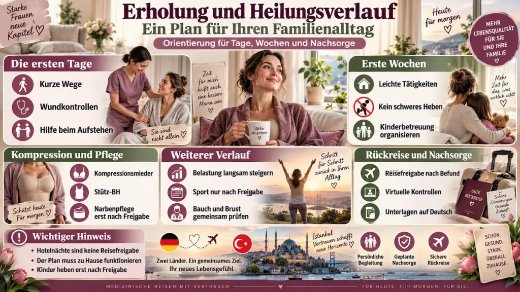 Mommy Makeover Türkei: Infografik zu Erholung, Kinderbetreuung, Kompressionsmieder, Nachsorge und Rückreise nach der Operation.