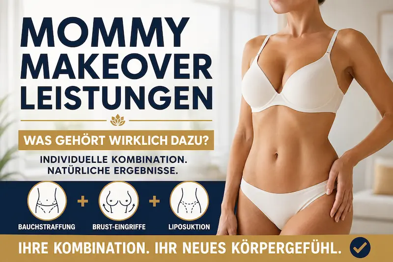 Mommy Makeover Leistungen mit Bauchstraffung, Brust-Eingriffen und Liposuktion als individuelle Behandlungskombination.