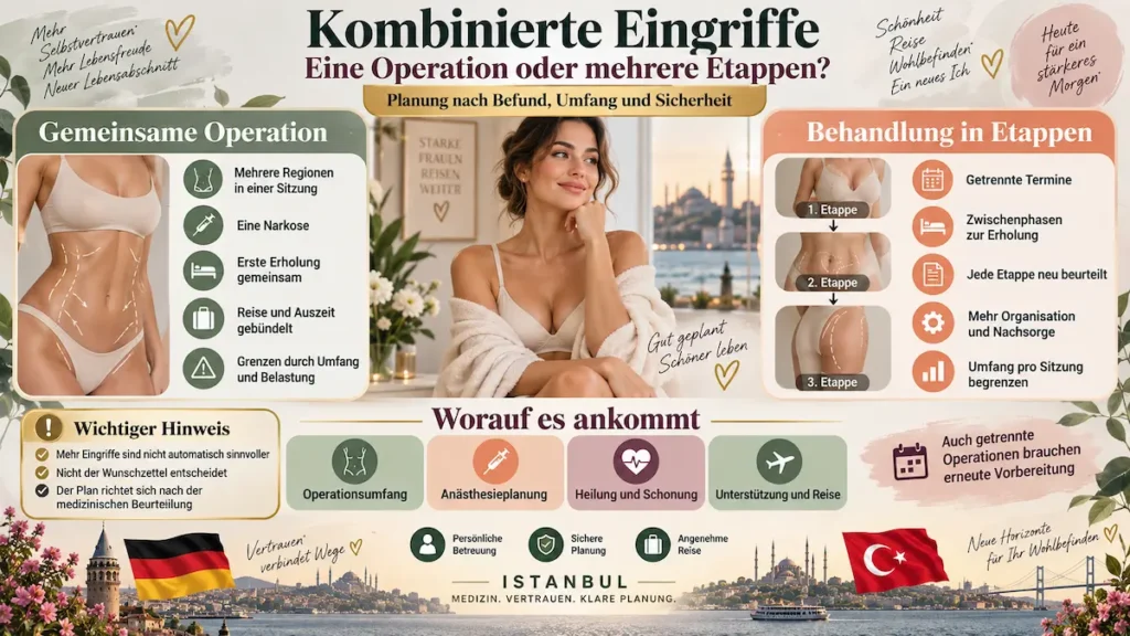 Mommy Makeover Türkei: Infografik zu kombinierten Eingriffen in einer Operation oder mehreren Etappen nach Befund.