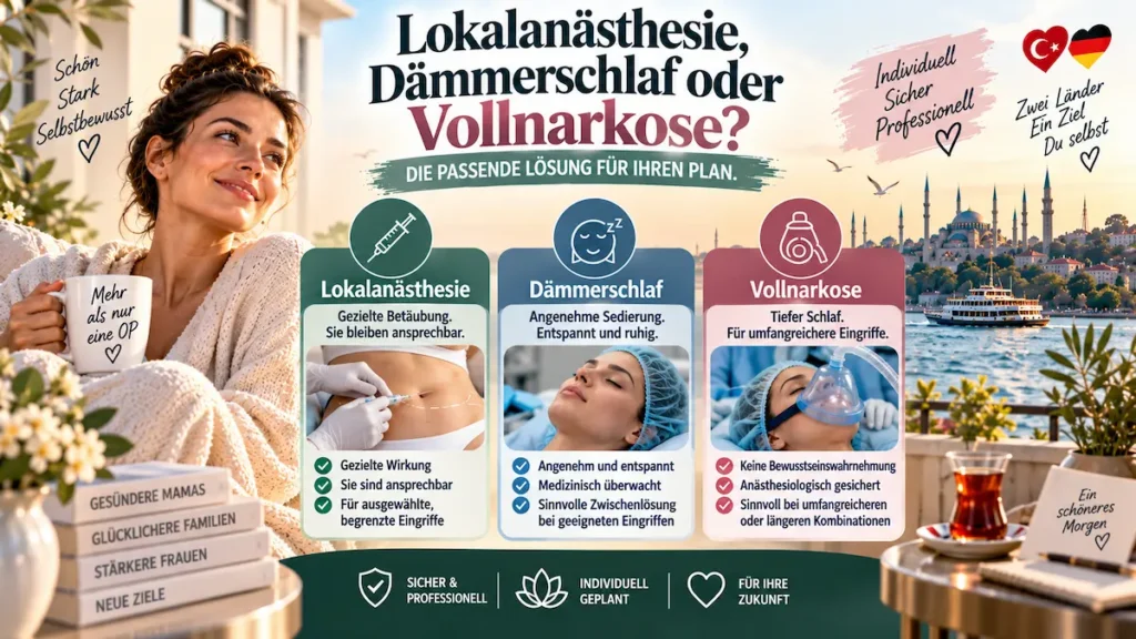 Mommy Makeover ohne Vollnarkose mit Vergleich von Lokalanästhesie, Dämmerschlaf und Vollnarkose für verschiedene Eingriffe.