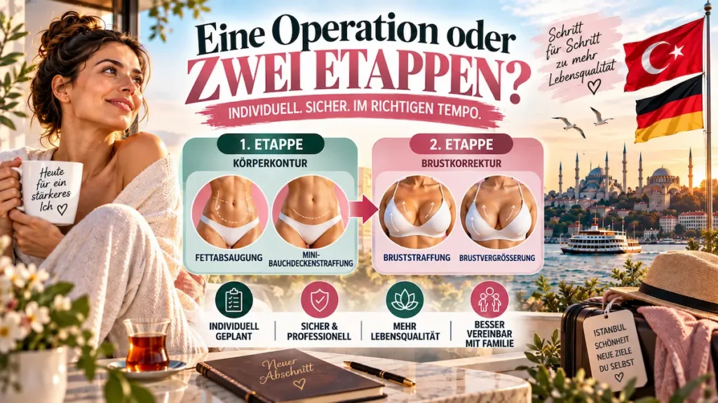 Mommy Makeover ohne Vollnarkose mit Zwei-Etappen-Plan aus Körperkontur und Brustkorrektur in Istanbul.