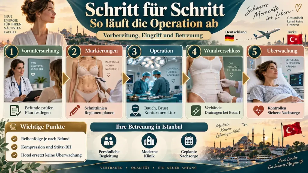 Mommy Makeover Türkei: Infografik zum Operationsablauf mit Voruntersuchung, Markierungen, Eingriff, Wundverschluss und Überwachung.