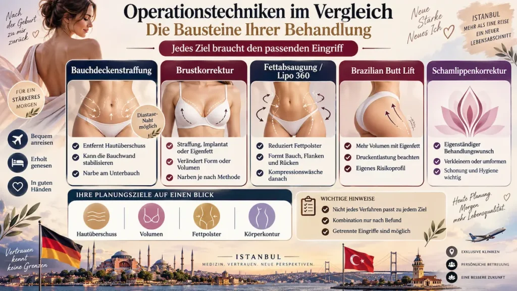 Mommy Makeover Türkei: Vergleich von Bauchdeckenstraffung, Brustkorrektur, Lipo 360, BBL und Schamlippenkorrektur.