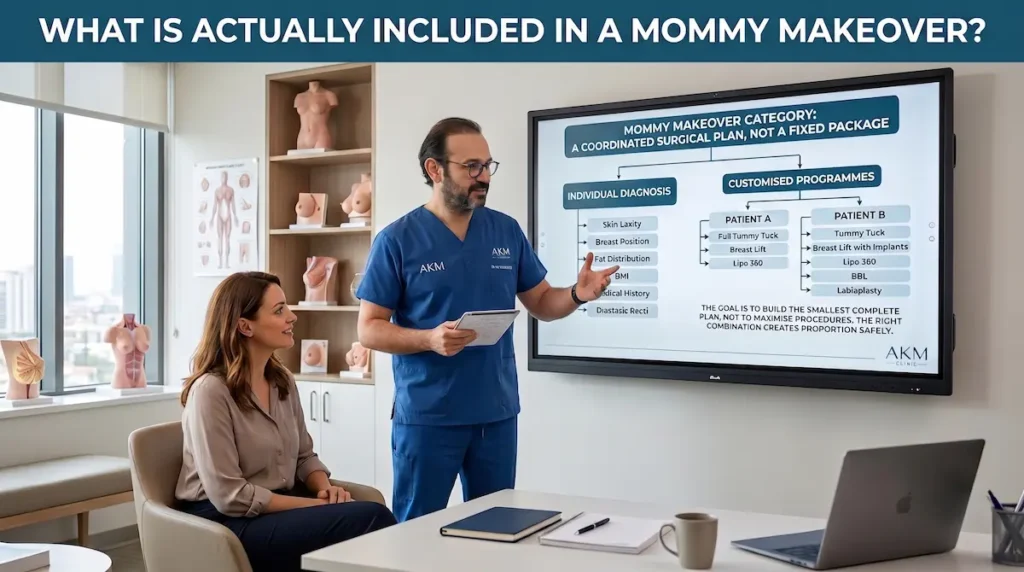 Mommy makeover what is included consultation showing a surgeon explaining customized procedure combinations to a Canadian patient.