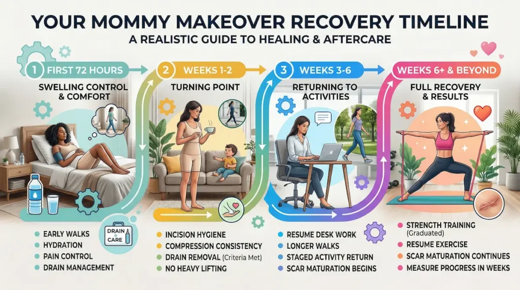 Mommy makeover recovery timeline infographic showing first 72 hours, weeks 1–2, weeks 3–6, and weeks 6+ aftercare.