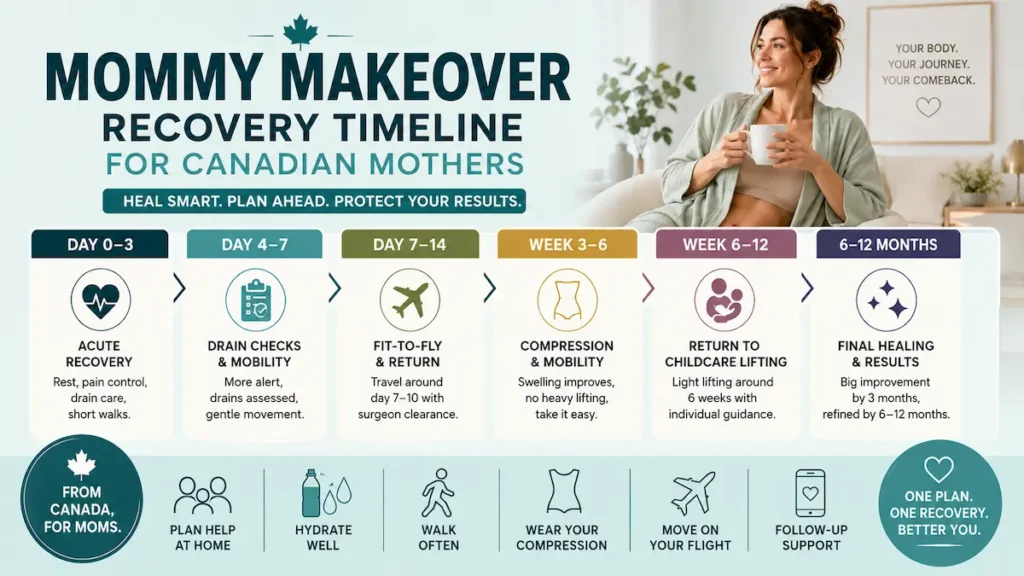Mommy Makeover Recovery Timeline for Canadian mothers, showing acute recovery, drain checks, fit-to-fly clearance, compression, childcare lifting, and final results.