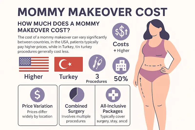 Flat illustration explaining mommy makeover surgery cost with tummy tuck, breast lift and liposuction icons, a cost bar chart and a curvy woman with body contouring marks.