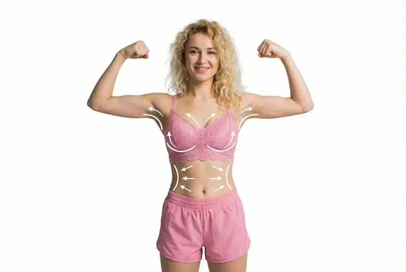 Smiling woman flexing her arms with contour arrows on breasts and abdomen illustrating key mommy makeover surgery elements