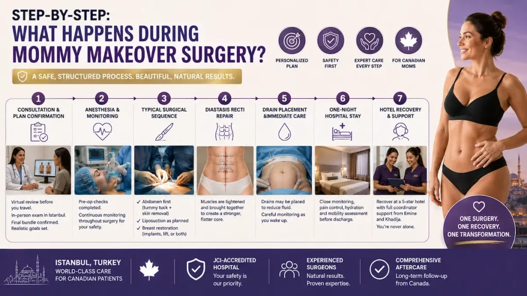 Mommy Makeover Surgery Step by Step for Canadian mothers, showing consultation, anesthesia, surgery, diastasis recti repair, drains, hospital stay, and hotel recovery.