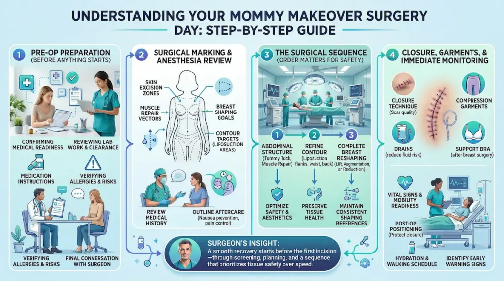 Mommy makeover step-by-step infographic showing pre-op screening, markings, surgical sequence, and post-op monitoring.