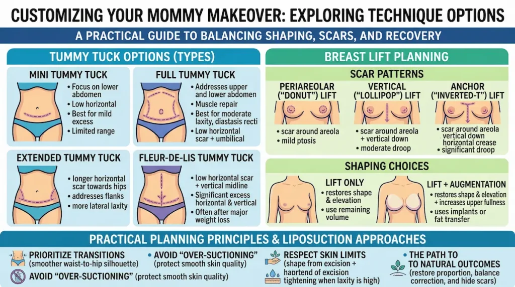 Mommy makeover surgery techniques infographic showing tummy tuck types, breast lift scar patterns, and lift-only vs lift with augmentation.