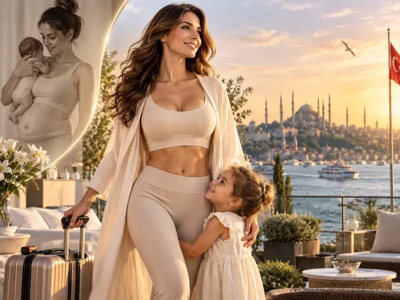 Mommy Makeover Türkei: Frau mit Kind und Koffer vor Istanbul-Kulisse als Symbol für Behandlung, Reise und Familienplanung.