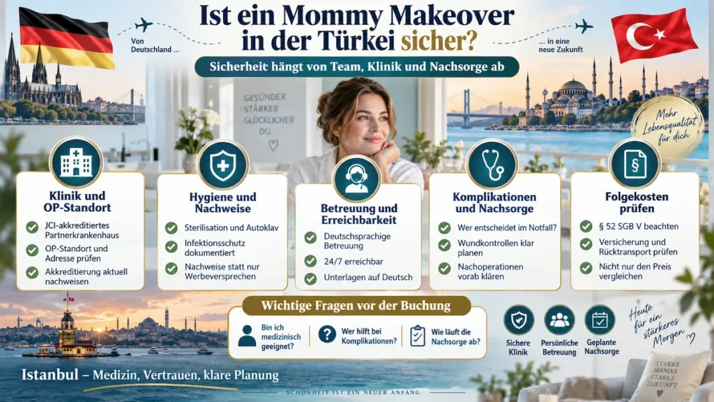 Mommy Makeover Türkei: Infografik zu Sicherheit, Klinik, Hygiene, Betreuung, Nachsorge und möglichen Folgekosten.